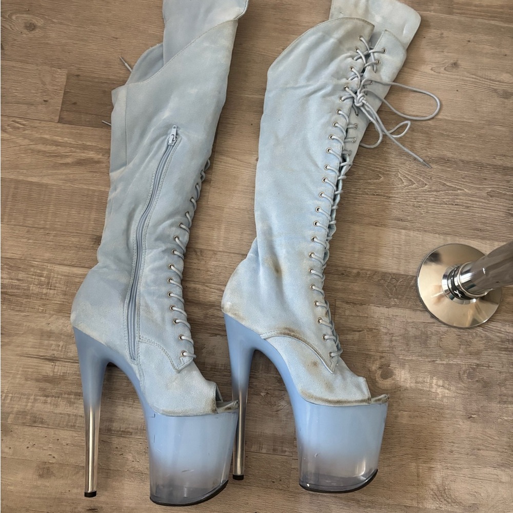 Light Blue Lace-Up Over-the-Knee Platform Heeled Boots
